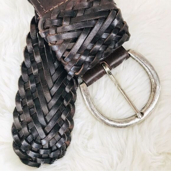 VINTAGE Wide Brown Braided Leather‎ Belt Woven Silver Buckle 90s Y2K Size Large - Picture 6 of 9